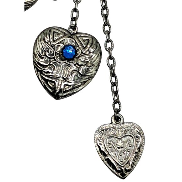 Heart Dangle Brooch Blue Rhinestones Silver Tone Chatelaine Style Pin Costume Je - Picture 4 of 9